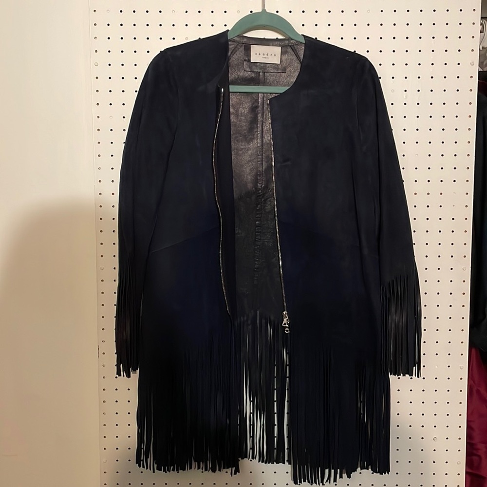 Sandro blue suede fringe jacket